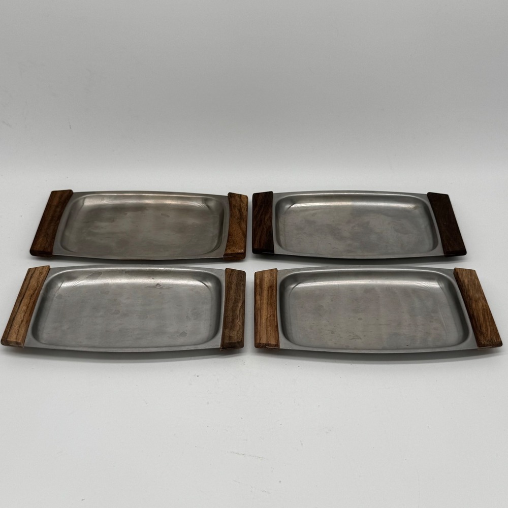 Vintage MCM Stainless Steel Small Serving Trays Teak Wood Handles Set of 4 Japan